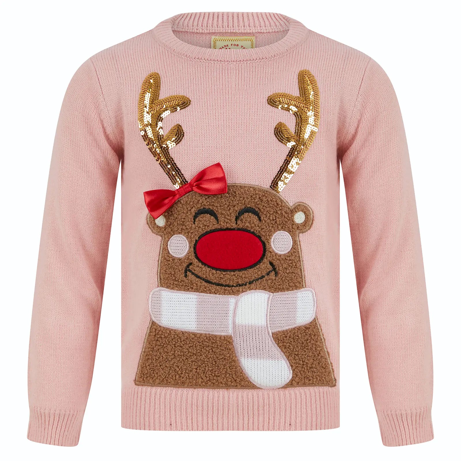 pink coloured christmas jumper featuring sweet reindeer character with gold sequin antlers, red christmas bow and large red nose